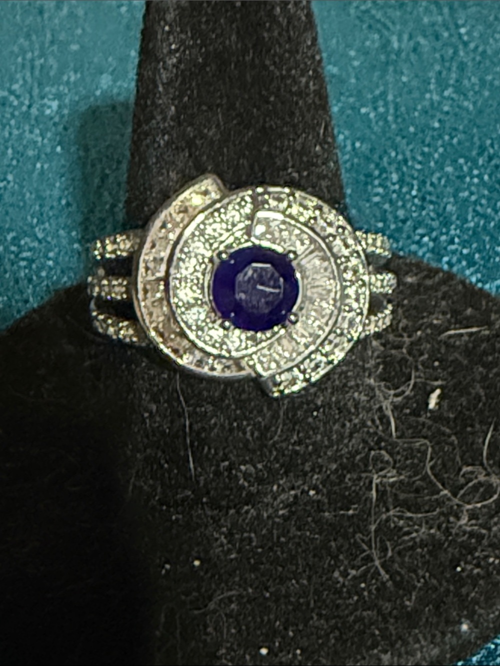 Silver Cocktail Ring with Deep Blue Center Stone by BOMBPARTY